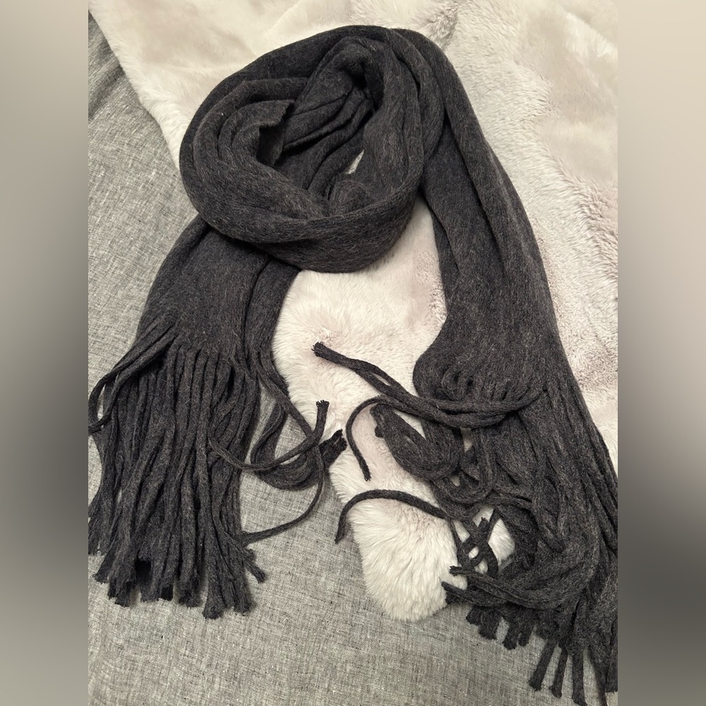 Anthropologie Navy Gray Fringe Blanket Scarf